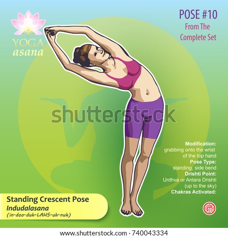 Iillustration of Yoga Exercises with full text description, names and symbols of the involved chakras. Female figure showing the position of the body, posture or asana in standing position.