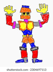 IIlustration of children's painting of colorful robots. Suitable for kids education, painting's video, seemless pattern, children clothes.