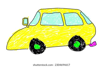 IIlustration of children's painting of yellow mini car. Suitable for kids education, painting's video, seemless pattern, children clothes.