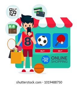 IIlustration Vector Of Happy Sportman Stand, Bag Shopping With Sport Equipment, Football, Table Tennis  Online On E-commerce Background Browser And Online Payment With Credit Card, Wallet, QR Code.