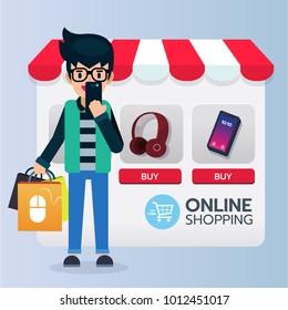 iIlustration vector of man people stand with bag shopping online on e-commerce background browser, headphone, smartphone, 