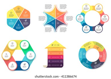 Iinfographic elements. Charts, diagrams with 6 steps, options, parts, processes. Vector design templates.