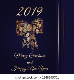 Iinvitation card with 2019 number for Christmas or New Year holiday.  Luxury gold vintage frame, victorian banner,baroque style booklet,fashion pattern, template for design.