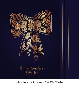Iinvitation card or background with big bow antique, luxury gold vintage frame, victorian banner,baroque style booklet,fashion pattern, template for design.