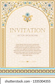 Iinvitation template for design of ornate wedding invitation, greeting card  and other. Ornamental floral frame of gold and jewellery. Arabic, Persian, Indian style