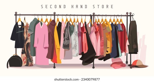 Iisolated colored flat vector illustration featuring a collection of secondhand clothes displayed on racks at a thrift store. The shop carries an assortment of leftover apparel. 