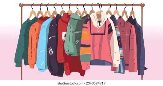 Iisolated colored flat vector illustration featuring a collection of secondhand clothes displayed on racks at a thrift store. The shop carries an assortment of leftover apparel. 