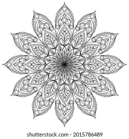 IIsolated floral mandala pattern. Black round oriental ornament on white background. Vector pattern for tattoo, henna drawing, coloring book pages, application on fabric, paper, glass, leather.