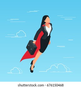 IIsometric business woman flies in the sky as a superhero. 3d business lady with a briefcase in her hand flies up. Business start-up concept. Vector illustration.