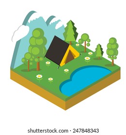 Iisometric camp, flat 3d isometric pixel art. Iinfographics illustration. 
