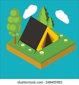 Iisometric camp, flat 3d isometric pixel art. Iinfographics illustration. 