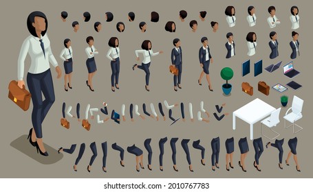 Iisometric Set of hand gestures and legs of African American woman 3d business lady. Create your isometric office worker for vector illustrations.