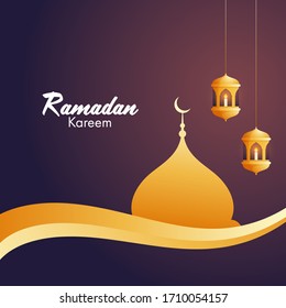 Iit candles inside arabic golden lanterns, and golden mosque for Islamic holy month of prayers, Ramadan Kareem occasion. 