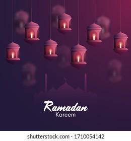 Iit candles inside arabic lanterns, and mosque silhouette on purple background for Islamic holy month of prayers, Ramadan Kareem occasion. 