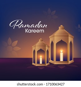 Iit candles inside golden lantern on blue floral patterned background for Islamic holy month of Ramadan Kareem occasion.