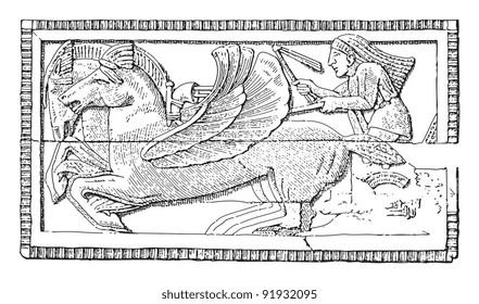IIvory relief from Corneto - etruscan sculpture / vintage illustration from Meyers Konversations-Lexikon 1897