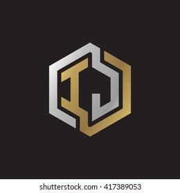 IJ initial letters looping linked hexagon elegant logo golden silver black background
