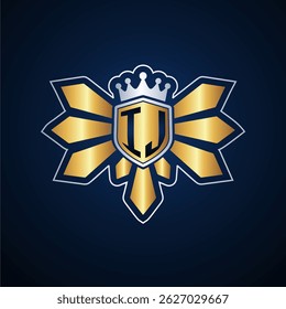 IJ initial letters monogram logo for gaming with shield and eagle wing