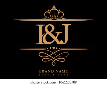 I&J Initial logo, Ampersand initial logo gold with crown and classic pattern