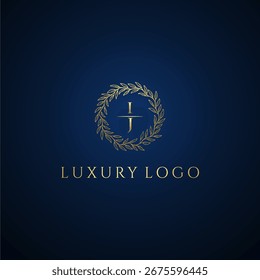 IJ letter monogram luxury wedding with creative circle leaf gold