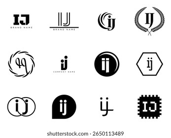 IJ logo company template. Letter i and j logotype. Set different classic serif lettering and modern bold text with design elements. Initial font typography. Collection trendy business identity.