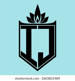IJ Logo featuring a minimalist design with a crown-like flower symbol on top, bold black elements, and a soft blue background, perfect for branding and modern visual identity.