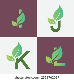 I,J,K,L leaf logo Design Template Vector Graphic Branding Element. Leaf letter I,J,K,L, Logo vector Illustration. Plant Logo.