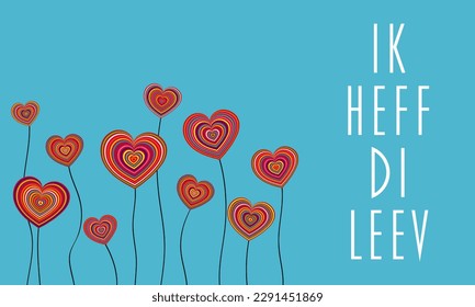 Ik heff di leev - Low German text - Plattdeutsch - I love you. Greeting card with hearts of many colors.