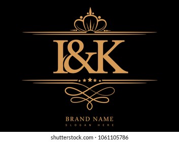 I&K Initial logo, Ampersand initial logo gold with crown and classic pattern