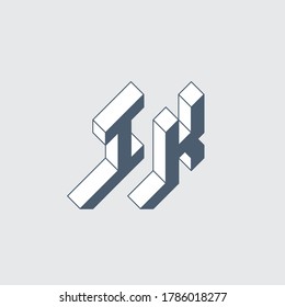 IK - logo or 2-letter code. Isometric 3d font for design. Number 1 or Letter I and K - Monogram or logotype. Three-dimension letters.