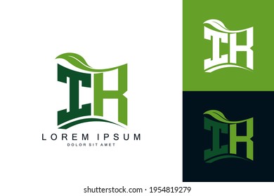 Monograma del logotipo IK con naturaleza de hoja verde biología orgánica curva forma de diseño de vector premium