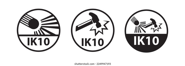 IK10 Impact rating, IK10 impact protection capability. Mechanical collision tolerance resistance level. Icon and symbol. Vector.