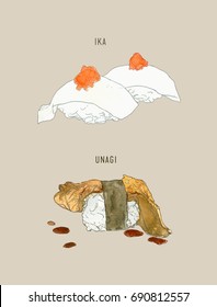ika or squid sushi and unagi or eel sushi , set of sushi japanese food, hand drawn water color style. 
