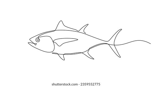 Ikan tuna segar dalam gaya gambar seni garis berkelanjutan. Konsep ikan tuna dalam gaya doodle dengan latar belakang putih. Ilustrasi vektor