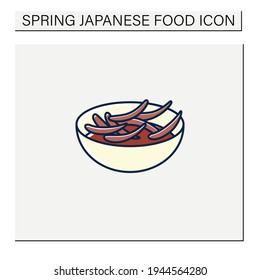 Ikanago color icon. Caramelized with soy sauce, mirin, sugar, ginger sand eels. Traditional dish.Spring Japanese food concept. Isolated vector illustration