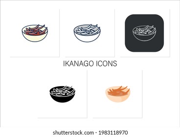 Ikanago icons set. Caramelized with soy sauce, mirin, sugar, ginger sand eels. Traditional dish.Spring Japanese food.Collection of icons in linear, filled, color styles.Isolated vector illustrations