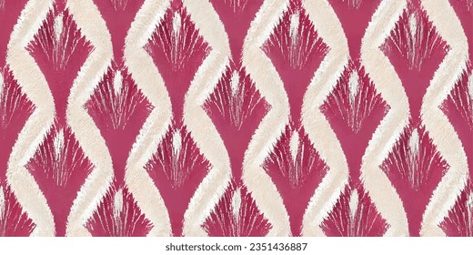 Ikat abstract background art. Ethnic tribal, boho tie die colors  seamless wallpaper. Motif ethnic handmade beautiful Ikat art. Ethnic abstract floral pink background art. 