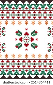 Ikat abstract cross stitch knitting geometric Christmas texture oriental traditional seamless pattern. Ikat pixel decorative Xmas elements design fabric, wallpaper, greeting card, background, print