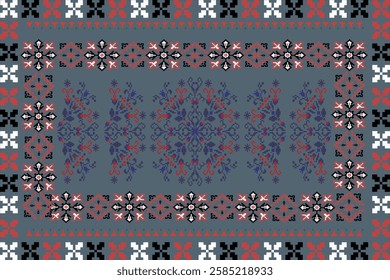 ikat Abstract Ethnic art Seamless pattern in tribal, folk embroidery, and Mexican style. Aztec geometric art ornament print Design for carpet, Cover. Wallpaper, wrapping, fabric, clothing, pixel art