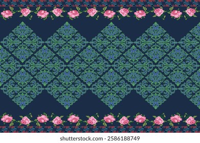 ikat Abstract Ethnic art Seamless pattern in tribal, folk embroidery, and Mexican style. Aztec geometric art ornament print Design for carpet, Cover. Wallpaper, wrapping, fabric, clothing, pixel art