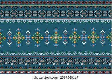 ikat Abstract Ethnic art Seamless pattern in tribal, folk embroidery, and Mexican style. Aztec geometric art ornament print Design for carpet, Cover. Wallpaper, wrapping, fabric, clothing, pixel art