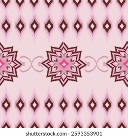 Ikat Abstract ethnic geometric pattern, Seamless pattern traditional. Ikat pattern. Design for background, vector, wallpaper, clothing, illustration, batik, fabric. Pink flower, flora 