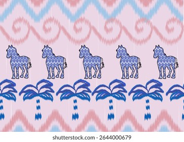 Ikat Abstract ethnic geometric pattern, Horse, Coconut, palm. Seamless Tropical , swirling pink clouds, palm trees soft tropical tones. Ideal for fabric, decor, and whimsical textile prints.