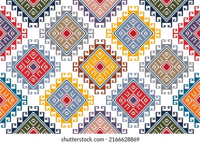 Ikat abstract geometric ethnic textile seamless pattern design. Aztec fabric carpet mandala ornaments textile decorations wallpaper. Tribal boho native textile traditional embroidery vector background