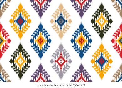 Ikat abstract geometric ethnic textile seamless pattern design. Aztec fabric carpet mandala ornaments textile decorations wallpaper. Tribal boho native textile traditional embroidery vector background