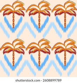 Ikat Abstract palm tree. Abstract Summer. Spring time. Boho Vintage Palm Tree Seamless Pattern. Tropic Coconut Plant and wave sea. Abstract nature hand. Vector Hawaii Wallpaper for Textile Design