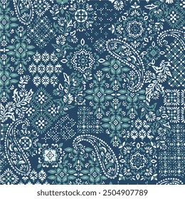 Ikat abstract pattern. Illustration ikat blue watercolor abstract floral paisley seamless pattern. Ikat abstract pattern use for fabric, textile, home decoration elements, upholstery, wrapping,