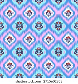 Ikat patrón abstracto sin fisuras, azul y rosa ornamental, vintage, Ilustración vectorial para la materia textil, bordado, diseño para envolver, seda, bufanda, fondo, textil, alfombra, alfombra, textura, dibujar a mano