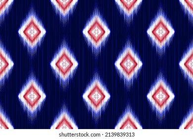 Ikat abstract seamless pattern design. Aztec fabric carpet mandala ornament chevron textile decoration wallpaper. Ethnic geometric tribal traditional embroidery vector illustrations background 