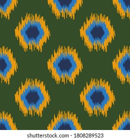Ikat abstracto patrón sin fisuras. Fondo folk con formas geo. Tarjeta de infinidad de punto Polka con textura tribal. Ilustración vectorial.  